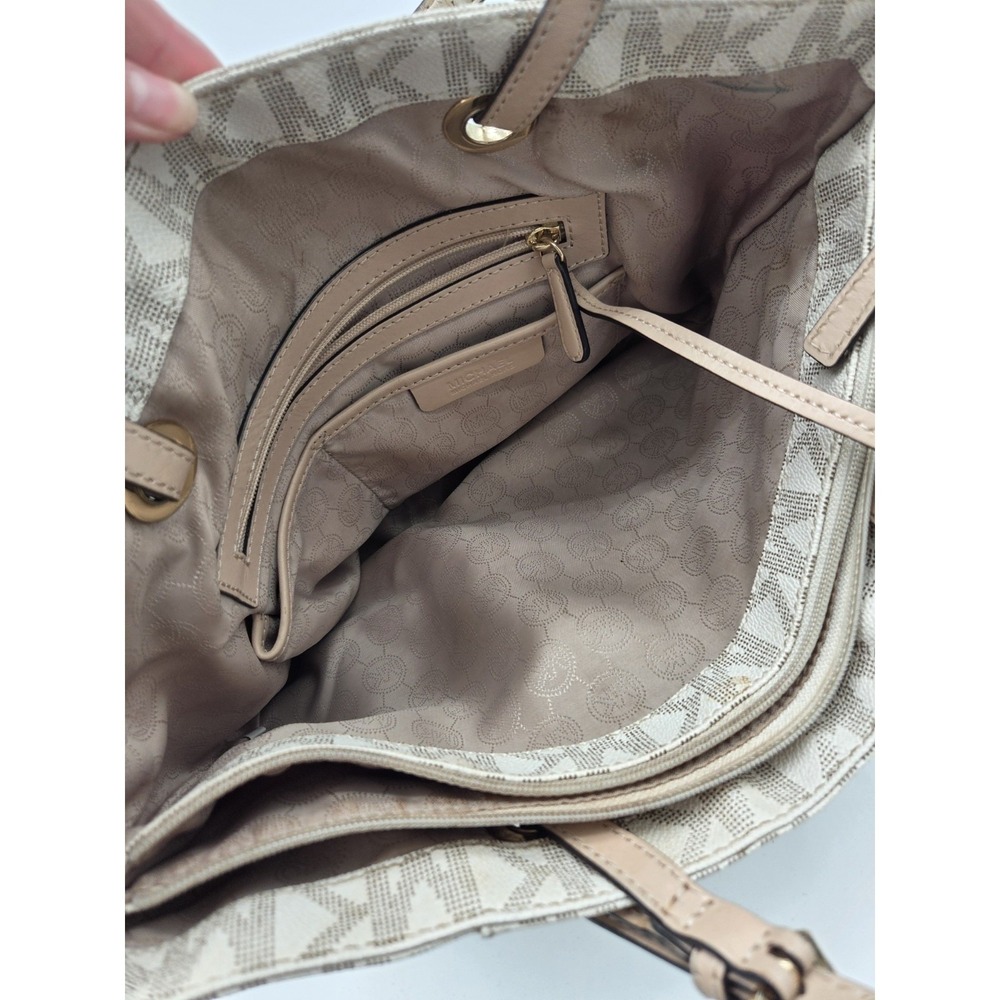 Michael Kors Jet Set Ivory Brown Crossgrain Leather MK Tote Shoulder Bag - Picture 11 of 12